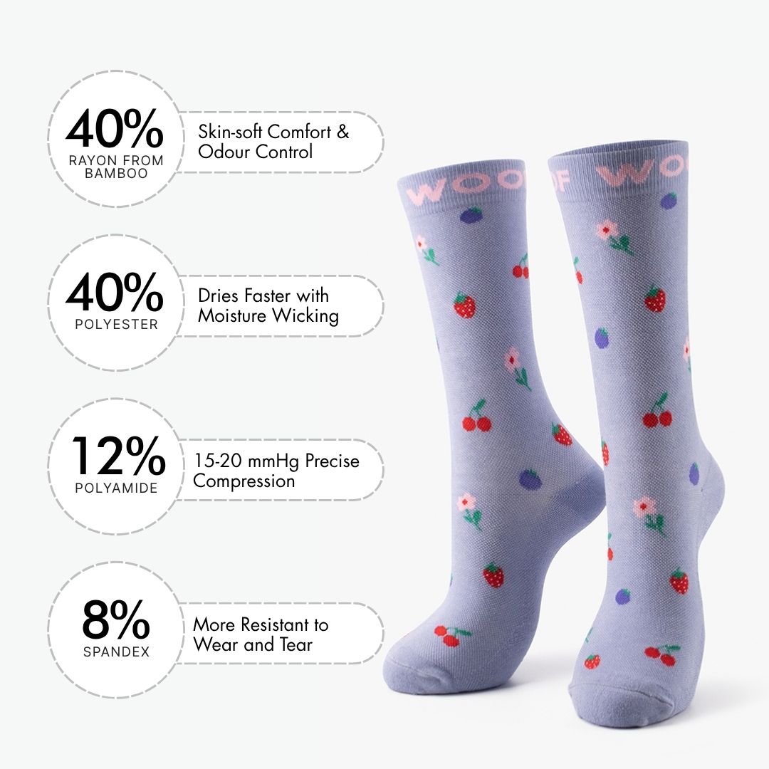 A Cherries & Berries Bamboo Crew Compression Socks accompanied by a material breakdown panel detailing the fabric mix: 40% bamboo viscose (breath comfort & odor control), 40% nylon (easy care & moisture wicking), 12% polyester (12-15mmHg precise compression), and 8% elastane (wear resistant to heel and toe).